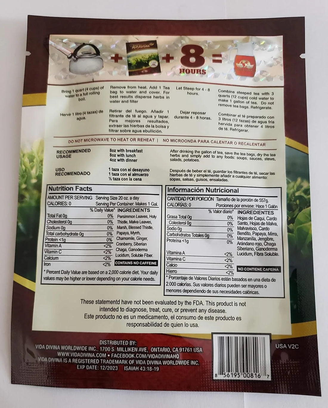 Tabla nutricional de Te divina Original